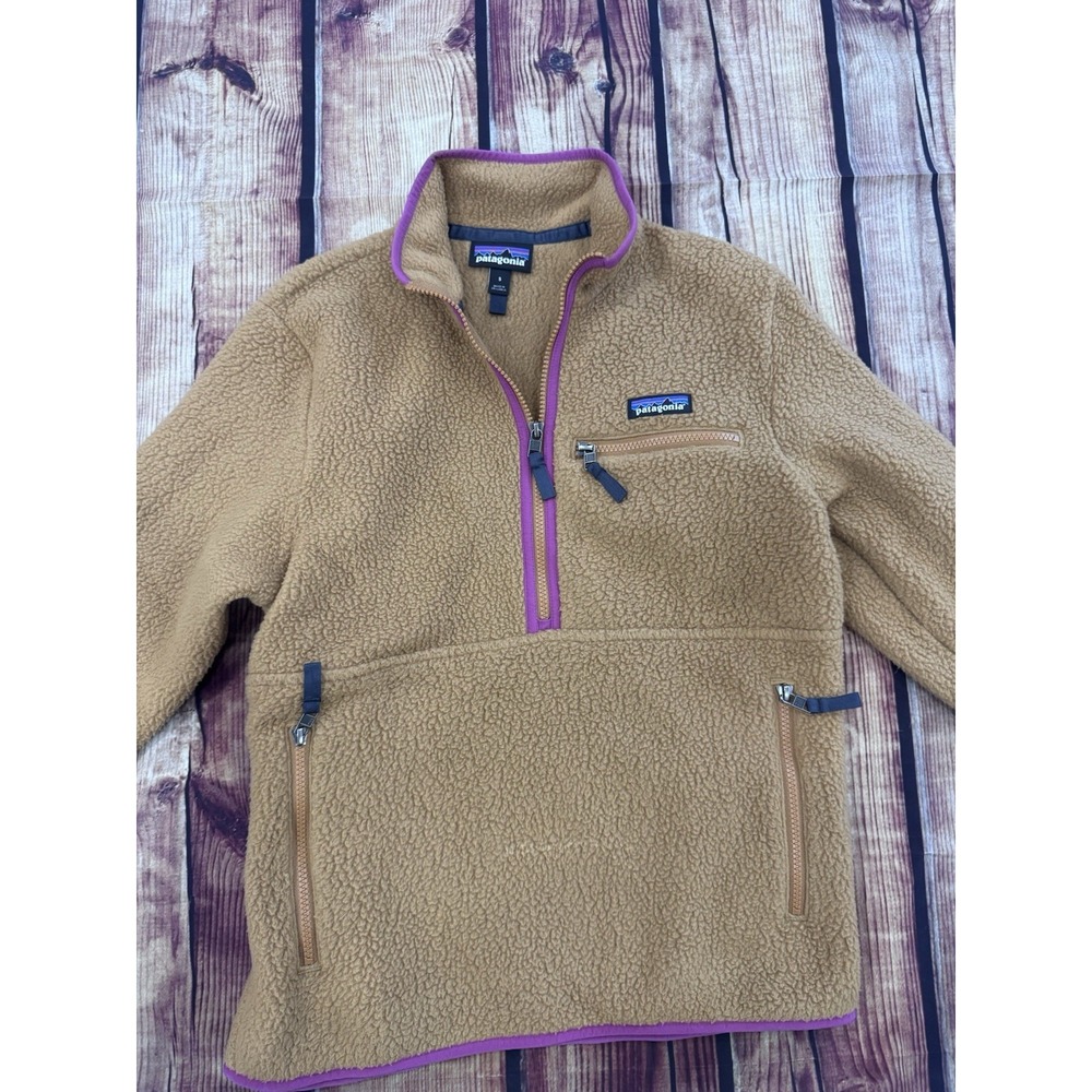 Patagonia Women's Retro Pile Brown Purple 1/2 Zip Pullover Jacket Pockets S